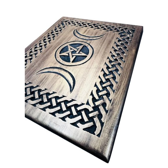 Handcrafted Triple Moon Altar Table with Pentagram - Wiccan Witchcraft Wooden Su - Picture 13 of 15